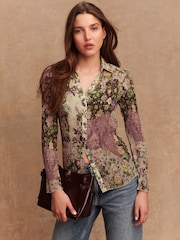 Pink/Cream Floral Print Pleated Long Sleeve Fitted Shirt - Image 1 of 7