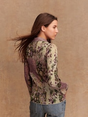 Pink/Cream Floral Print Pleated Long Sleeve Fitted Shirt - Image 3 of 7