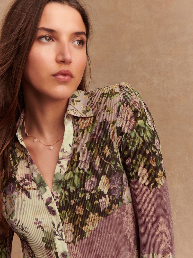 Pink/Cream Floral Print Pleated Long Sleeve Fitted Shirt - Image 4 of 7