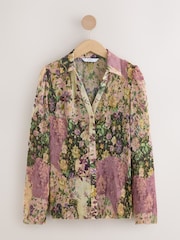Pink/Cream Floral Print Pleated Long Sleeve Fitted Shirt - Image 5 of 7
