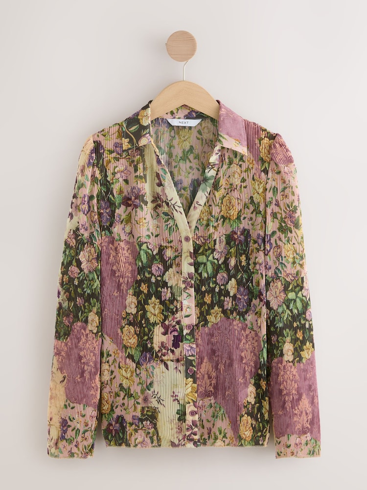 Pink/Cream Floral Print Pleated Long Sleeve Fitted Shirt - Image 5 of 7