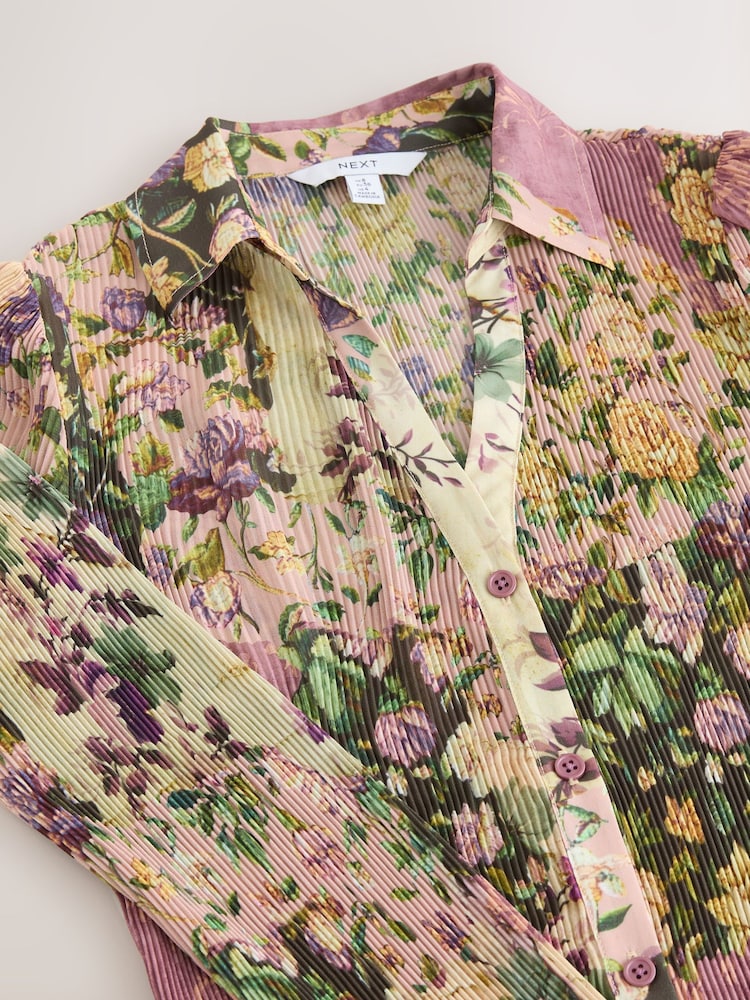 Pink/Cream Floral Print Pleated Long Sleeve Fitted Shirt - Image 7 of 7