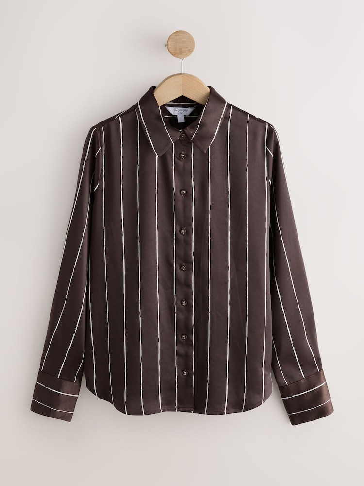 Chocolate Brown Stripe Satin Long Sleeve Shirt - Image 1 of 3 Chocolate Brown Stripe Satin Long Sleeve Shirt - Image 1 of 3