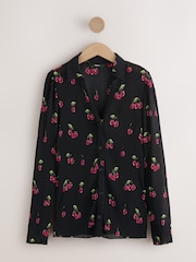 Black Cherry Print Pleated Long Sleeve Fitted Shirt - Image 1 of 3