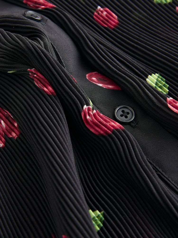 Black Cherry Print Pleated Long Sleeve Fitted Shirt - Image 2 of 3