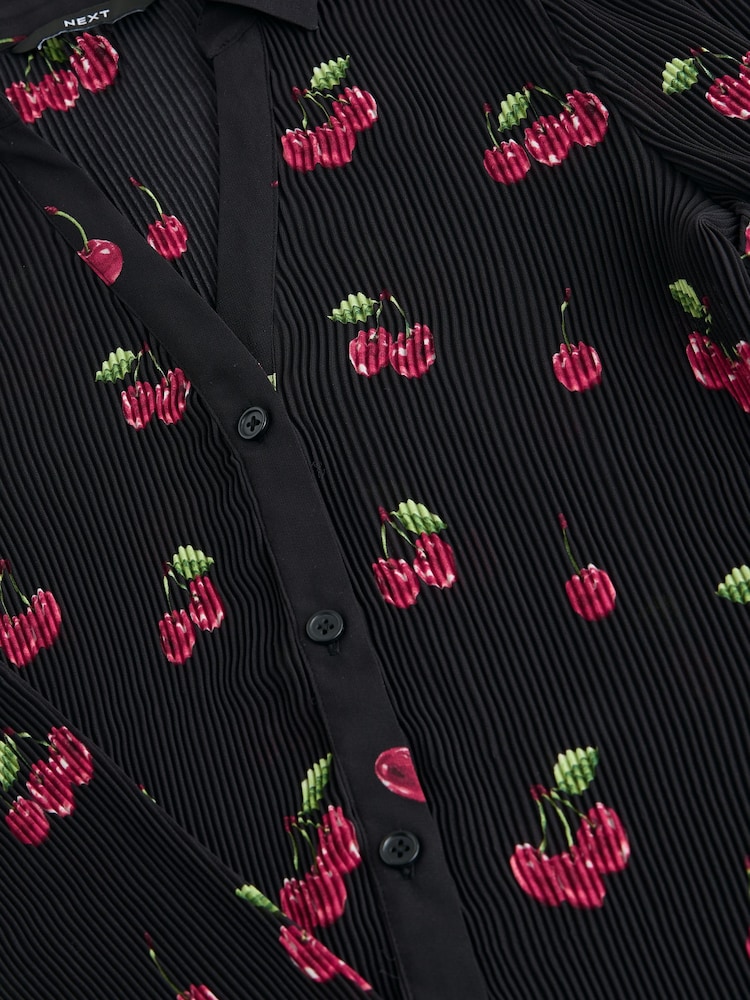 Black Cherry Print Pleated Long Sleeve Fitted Shirt - Image 3 of 3