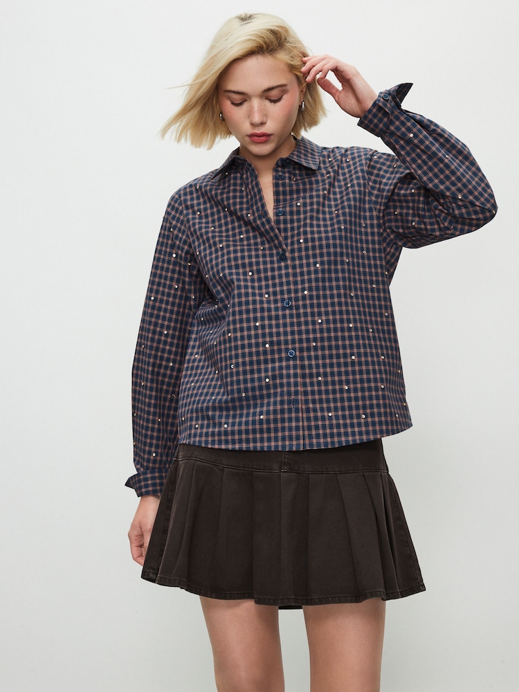 Navy/Red Check Gem Embellished Long Sleeve Shirt - Image 1 of 5 Navy/Red Check Gem Embellished Long Sleeve Shirt - Image 1 of 5
