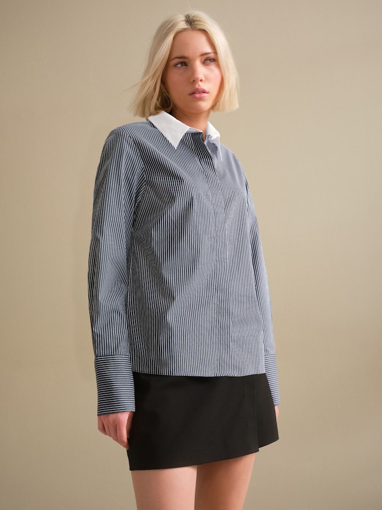 Black/White Stripe Contrast Collar Fitted Stretch Essential Long Sleeve Shirt - Image 1 of 3 Black/White Stripe Contrast Collar Fitted Stretch Essential Long Sleeve Shirt - Image 1 of 3