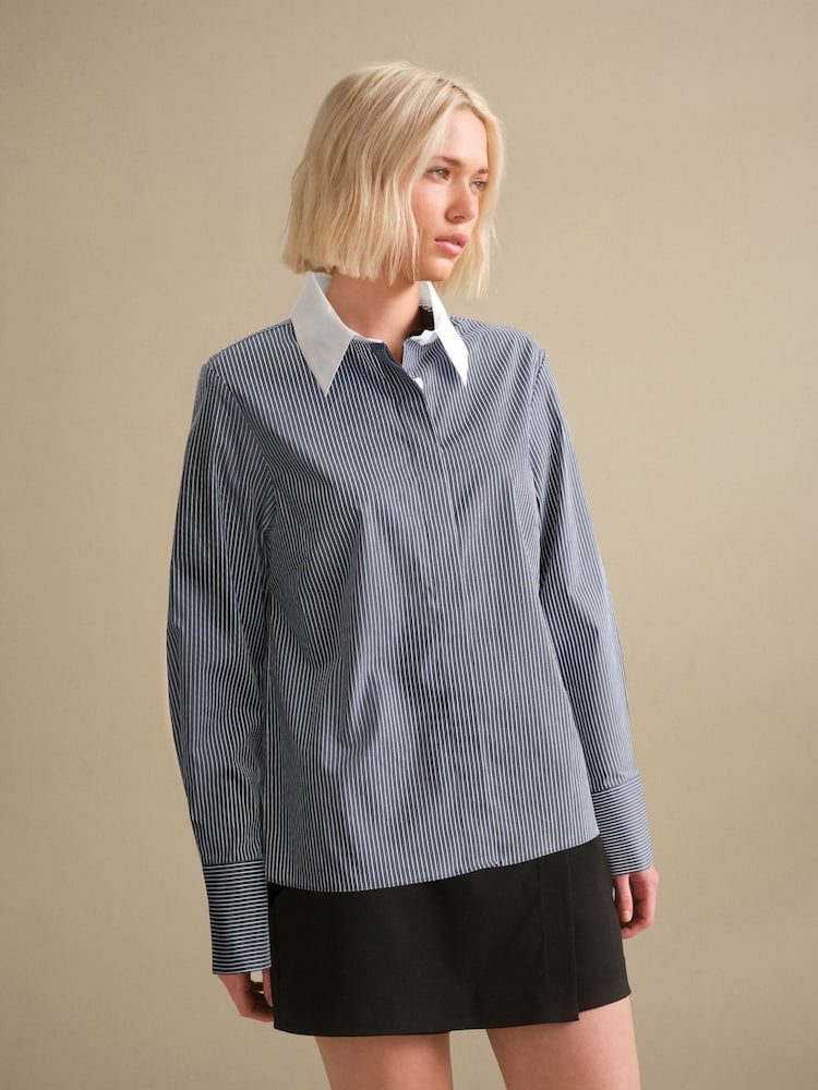 Black/White Stripe Contrast Collar Fitted Stretch Essential Long Sleeve Shirt - Image 2 of 3 Black/White Stripe Contrast Collar Fitted Stretch Essential Long Sleeve Shirt - Image 2 of 3