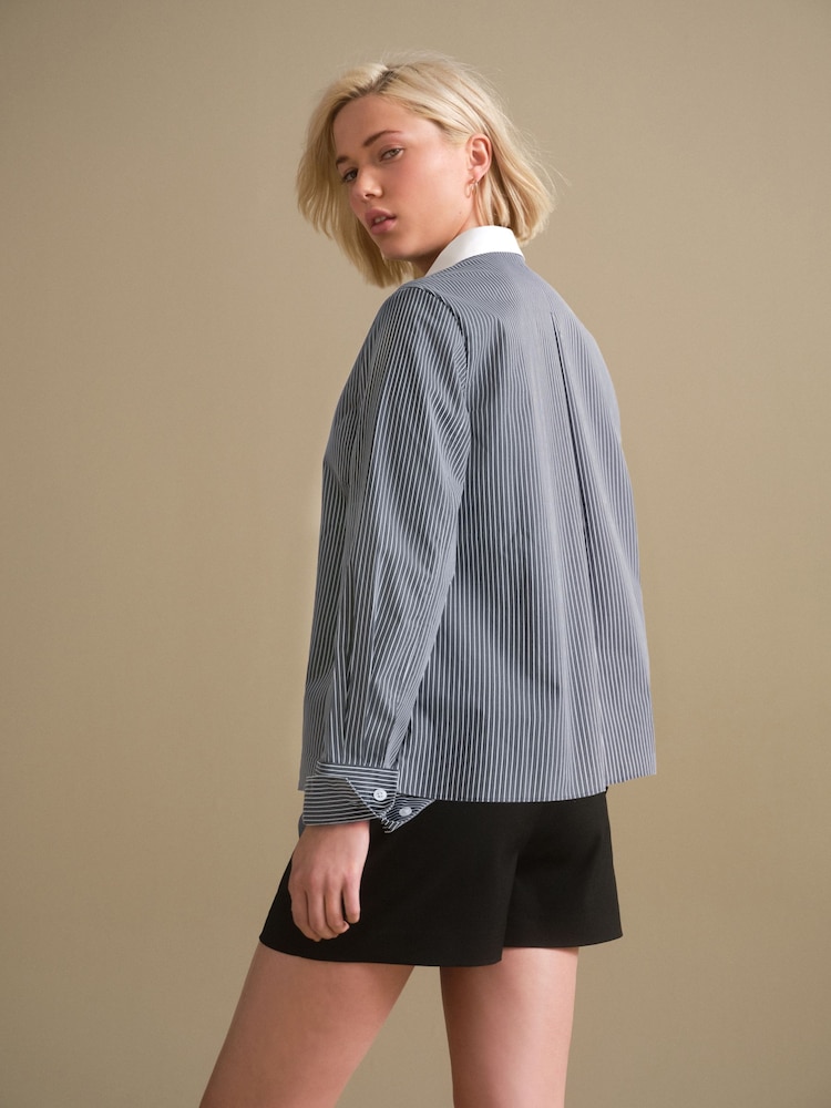 Black/White Stripe Contrast Collar Fitted Stretch Essential Long Sleeve Shirt - Image 3 of 3 Black/White Stripe Contrast Collar Fitted Stretch Essential Long Sleeve Shirt - Image 3 of 3