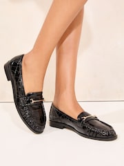 Lipsy Black Patent Croc Effect Snaffle Ruched Loafers Shoes - Image 3 of 5