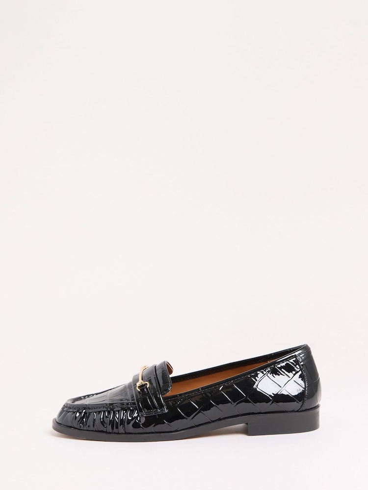 Lipsy Black Patent Croc Effect Snaffle Ruched Loafers Shoes - Image 5 of 5