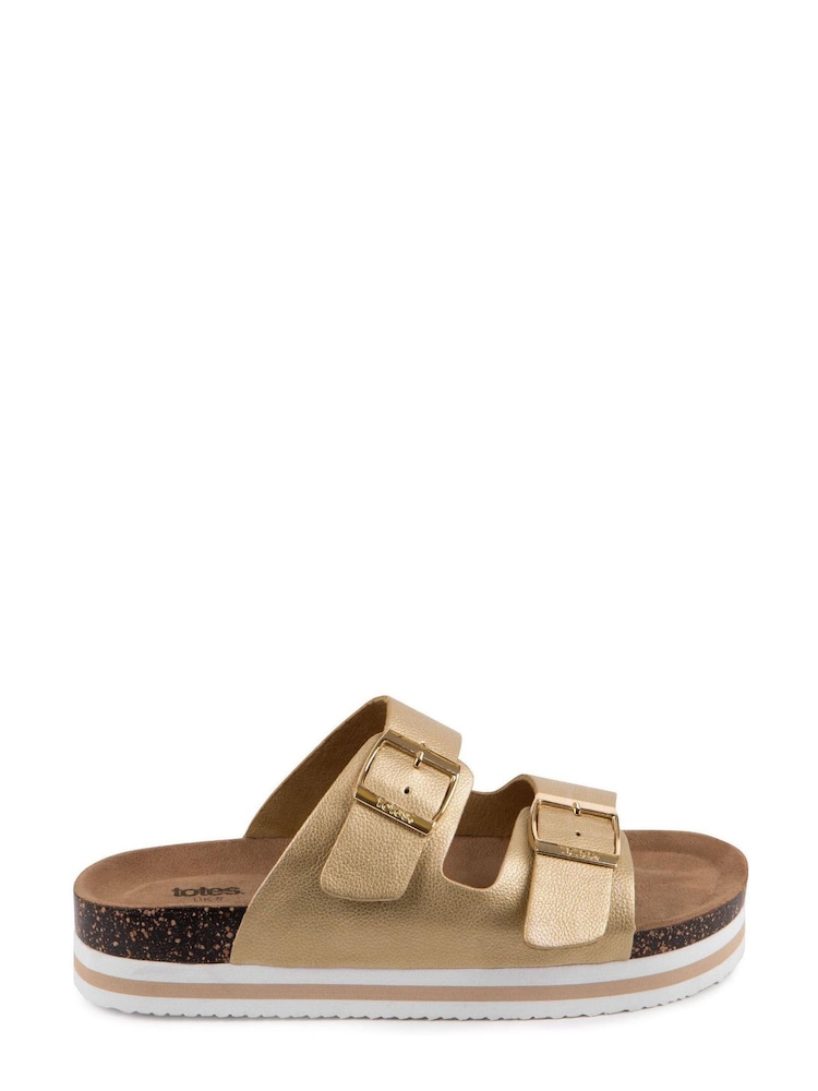 Totes Gold Ladies Double Buckle Platform Slides - Image 1 of 4