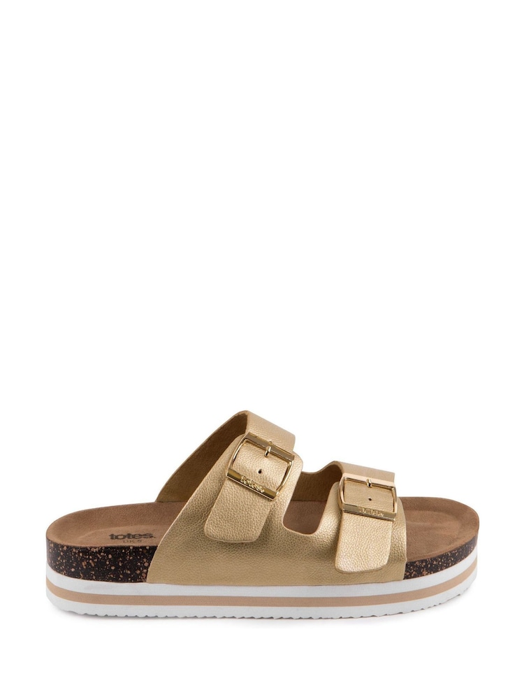 Totes Gold Ladies Double Buckle Platform Slides - Image 2 of 4