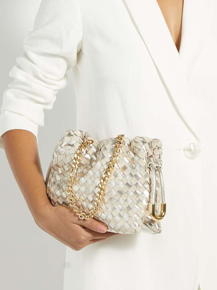 Dune London Gold Primrose S Small Woven Drawstring Bag - Image 1 of 5