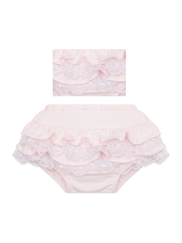 Emile Et Rose 2 Piece Pink Short Dress with Embroidered Tulle & Frilly Pants - Image 4 of 6