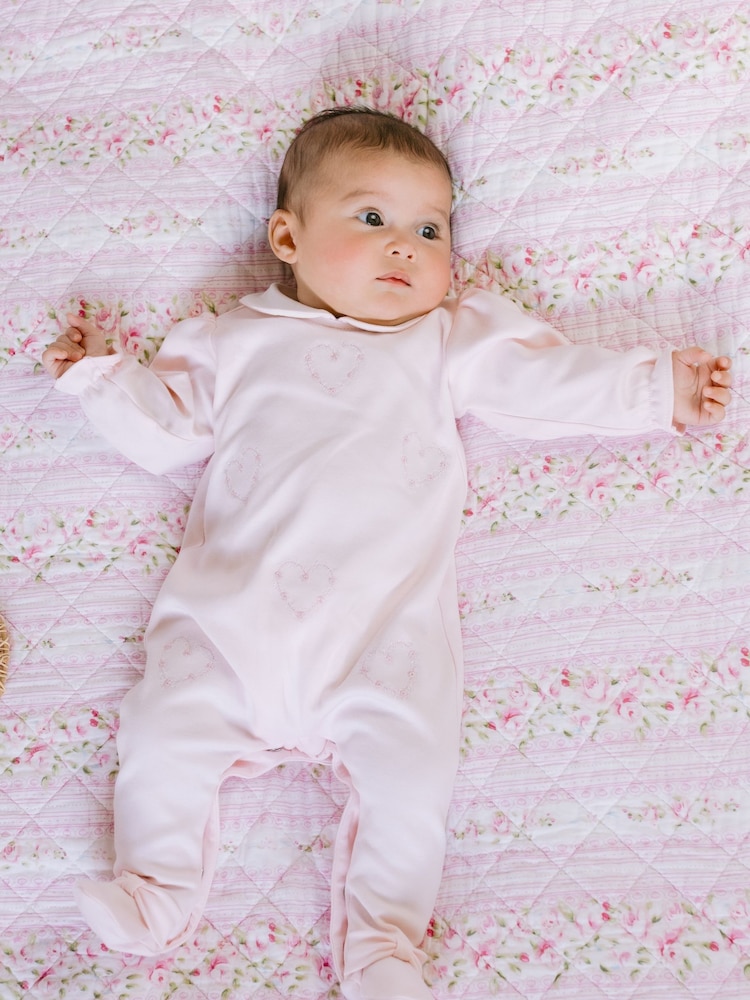 Emile Et Rose Pink 100% Cotton All-In-One With Embroidered Floral Hearts & Collar - Image 1 of 4