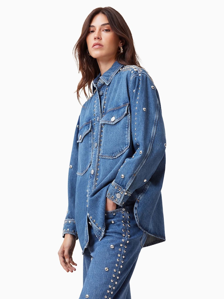 AllSaints Blue Alba Stud 100% Cotton Shirt - Image 1 of 8