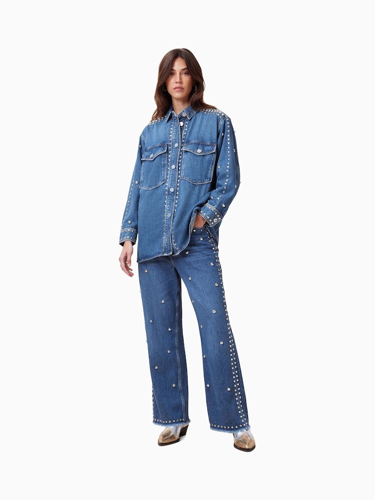 AllSaints Blue Alba Stud 100% Cotton Shirt - Image 2 of 8