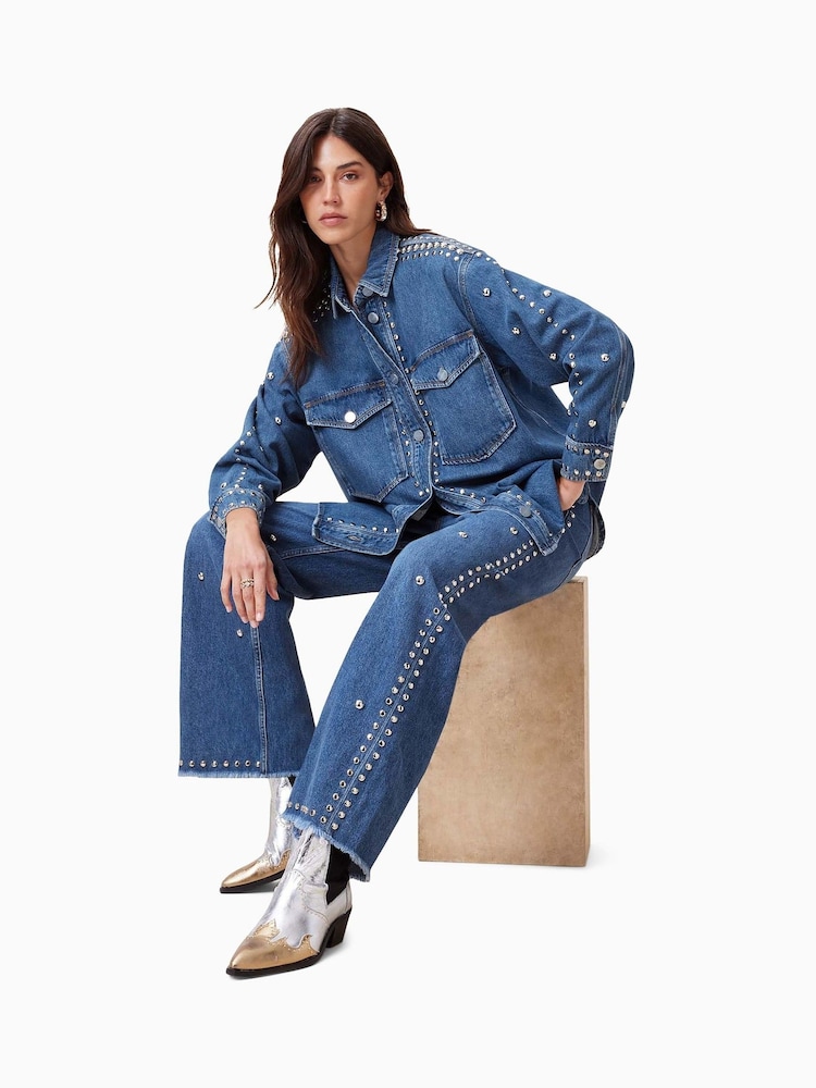 AllSaints Blue Alba Stud 100% Cotton Shirt - Image 4 of 8