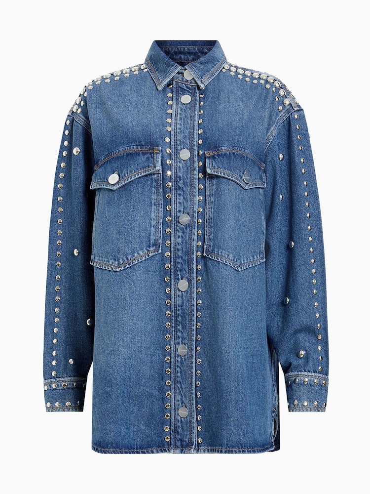 AllSaints Blue Alba Stud 100% Cotton Shirt - Image 8 of 8