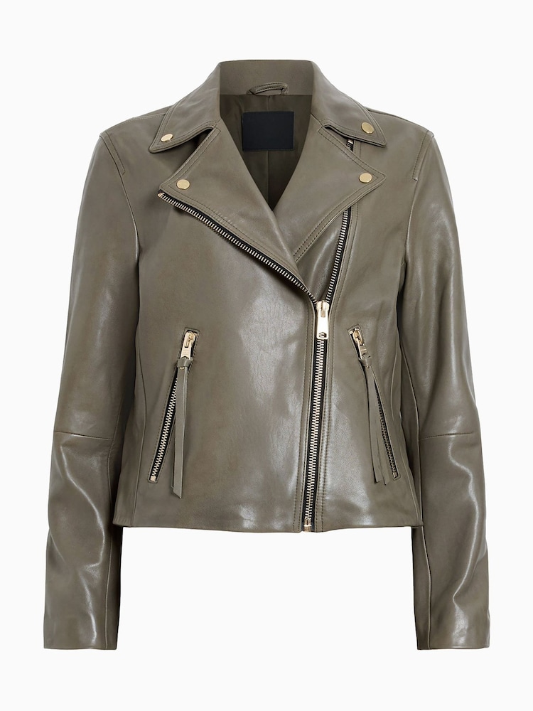 AllSaints Dusty Olive Green Dalby White Leather Biker Jacket - Image 9 of 9 AllSaints Dusty Olive Green Dalby White Leather Biker Jacket - Image 9 of 9