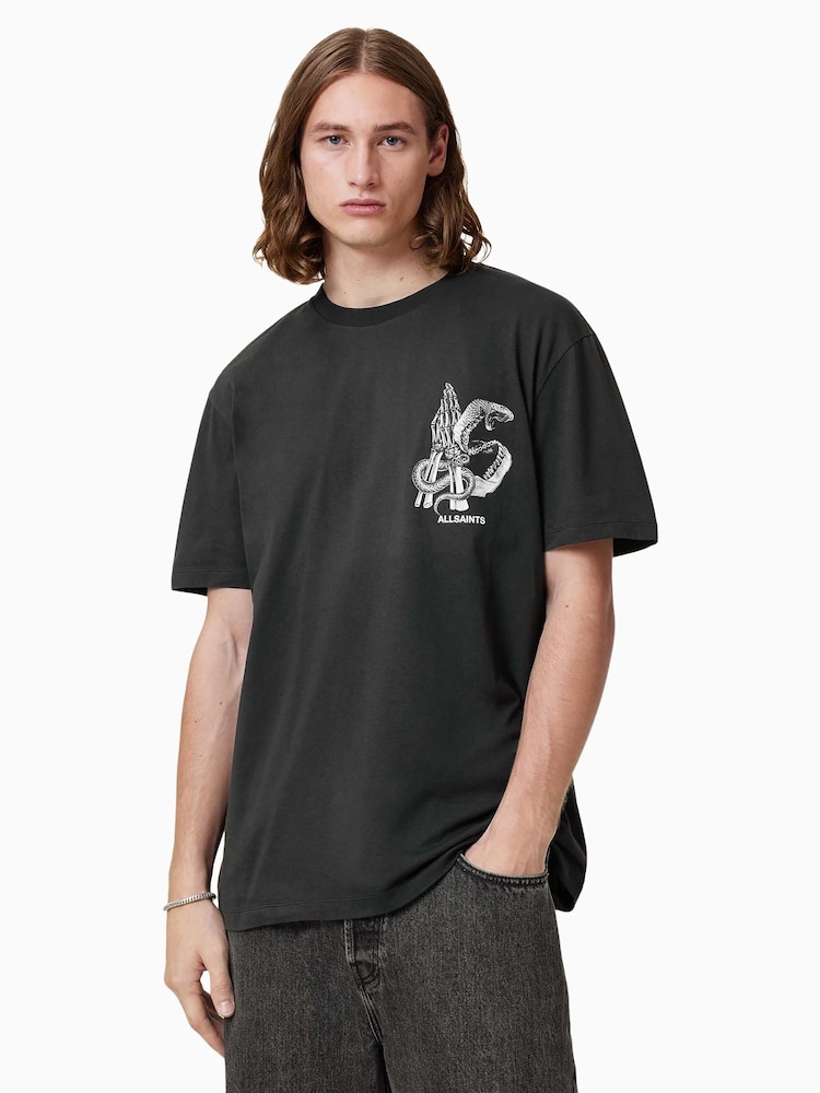 AllSaints Black Asp Short Sleeve Crew 100% Organic Cotton T-Shirt - Image 1 of 7 AllSaints Black Asp Short Sleeve Crew 100% Organic Cotton T-Shirt - Image 1 of 7