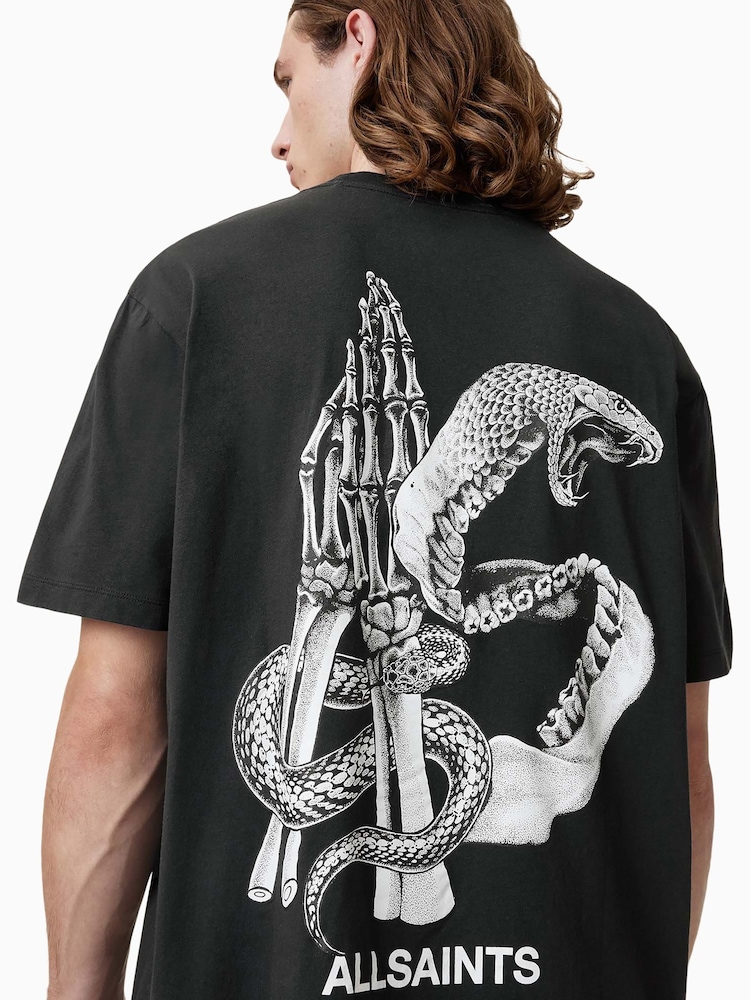 AllSaints Black Asp Short Sleeve Crew 100% Organic Cotton T-Shirt - Image 2 of 7 AllSaints Black Asp Short Sleeve Crew 100% Organic Cotton T-Shirt - Image 2 of 7