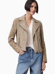 AllSaints Greige Brown Suede Dalby Biker Jacket - Image 1 of 11