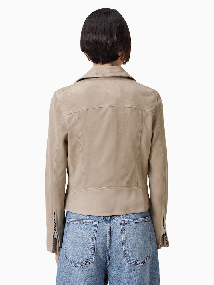 AllSaints Greige Brown Suede Dalby Biker Jacket - Image 10 of 11