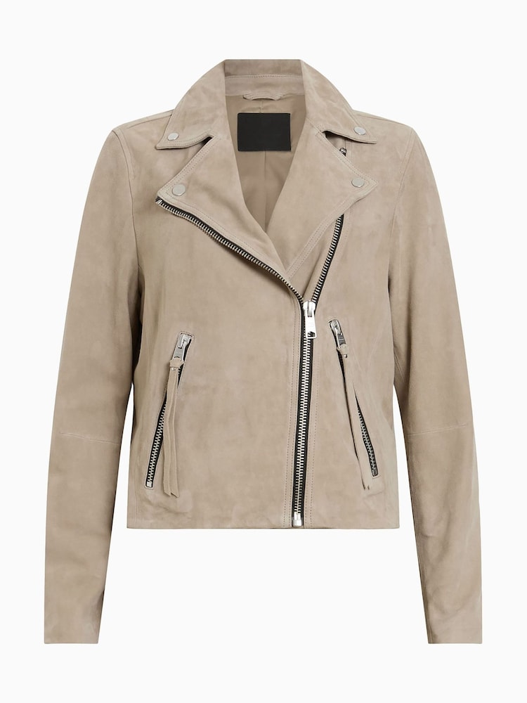 AllSaints Greige Brown Suede Dalby Biker Jacket - Image 11 of 11