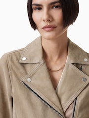 AllSaints Greige Brown Suede Dalby Biker Jacket - Image 2 of 11
