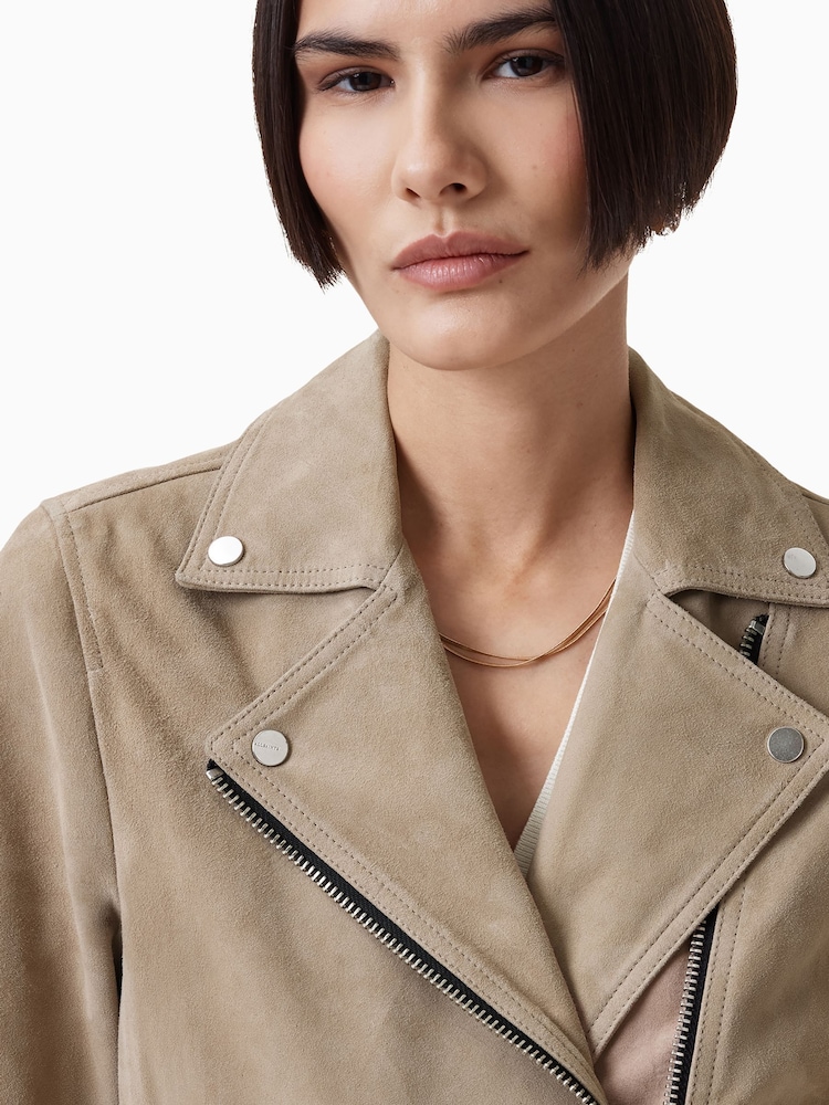 AllSaints Greige Brown Suede Dalby Biker Jacket - Image 2 of 11