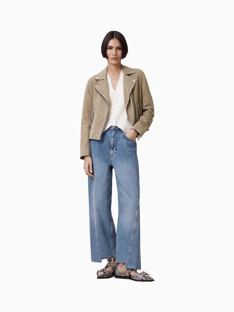 AllSaints Greige Brown Suede Dalby Biker Jacket - Image 3 of 11