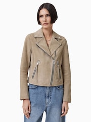 AllSaints Greige Brown Suede Dalby Biker Jacket - Image 4 of 11