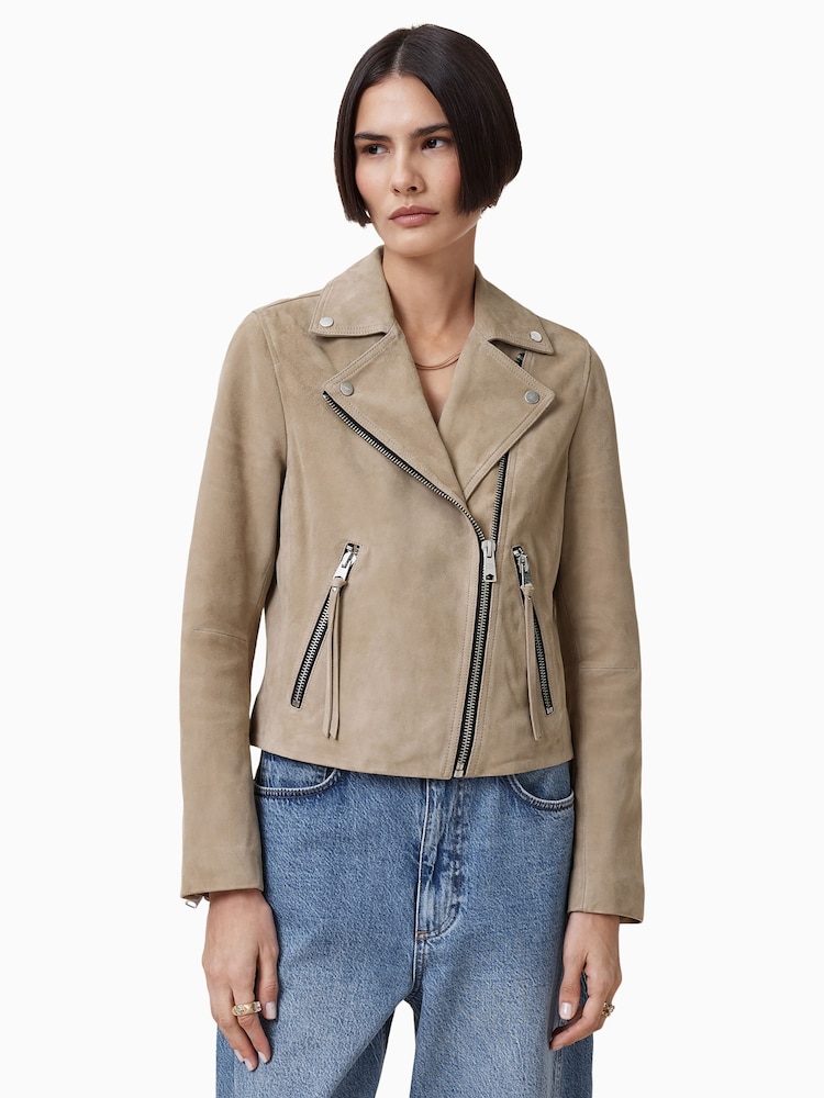 AllSaints Greige Brown Suede Dalby Biker Jacket - Image 4 of 11