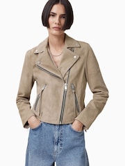 AllSaints Greige Brown Suede Dalby Biker Jacket - Image 5 of 11