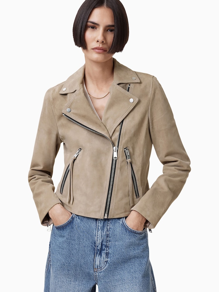 AllSaints Greige Brown Suede Dalby Biker Jacket - Image 5 of 11