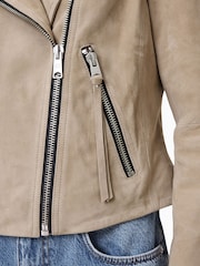 AllSaints Greige Brown Suede Dalby Biker Jacket - Image 8 of 11