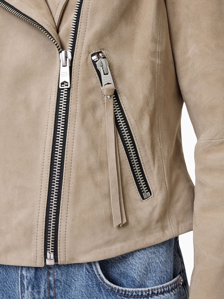 AllSaints Greige Brown Suede Dalby Biker Jacket - Image 8 of 11