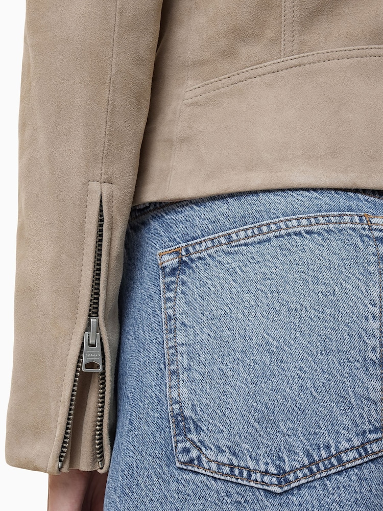 AllSaints Greige Brown Suede Dalby Biker Jacket - Image 9 of 11