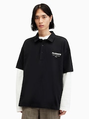 AllSaints Black Underground Short Sleeve 100% Organic Cotton Polo Shirt - Image 1 of 8