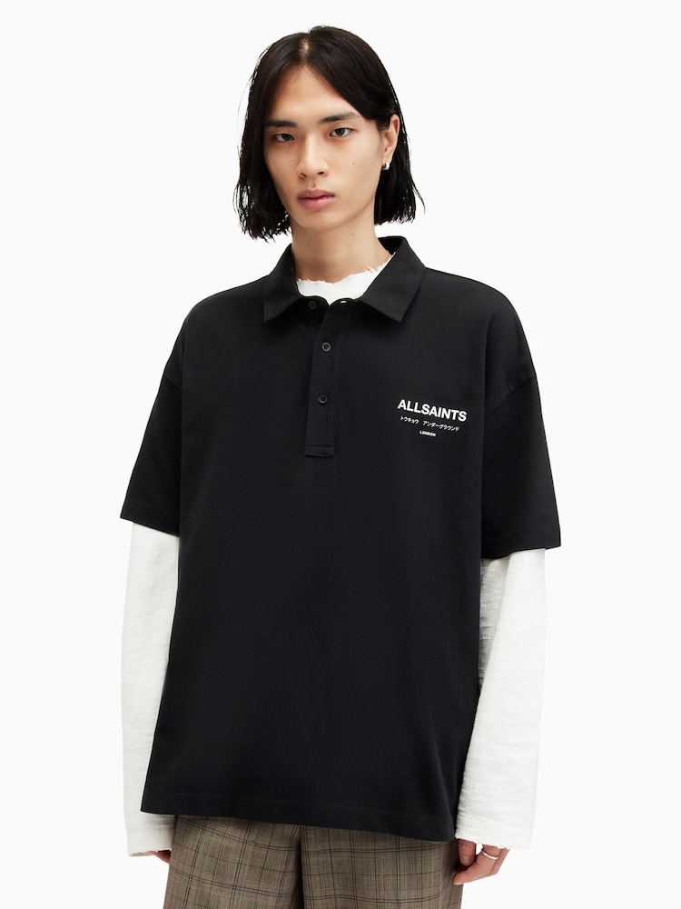 AllSaints Black Underground Short Sleeve 100% Organic Cotton Polo Shirt - Image 1 of 8