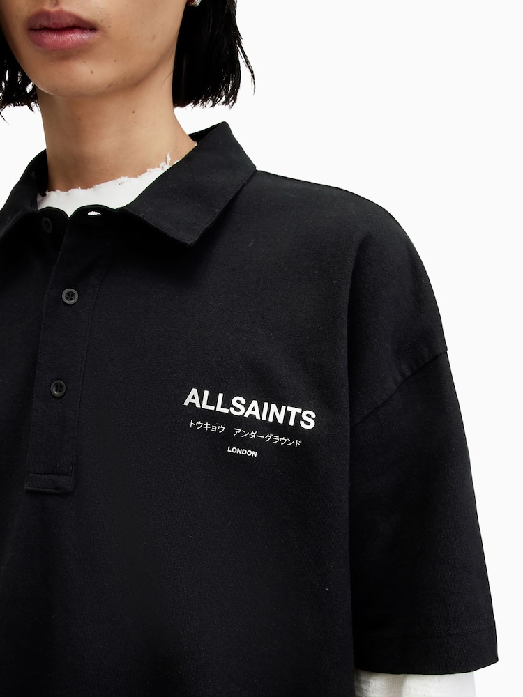 AllSaints Black Underground Short Sleeve 100% Organic Cotton Polo Shirt - Image 4 of 8