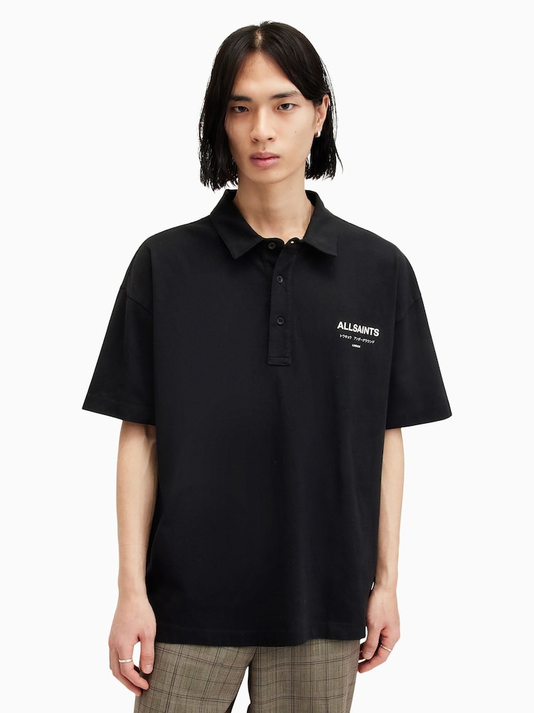 AllSaints Black Underground Short Sleeve 100% Organic Cotton Polo Shirt - Image 6 of 8