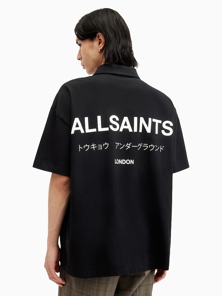 AllSaints Black Underground Short Sleeve 100% Organic Cotton Polo Shirt - Image 7 of 8