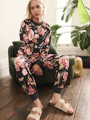 Black Floral Cosy Long Sleeve Pyjamas - Image 1 of 9