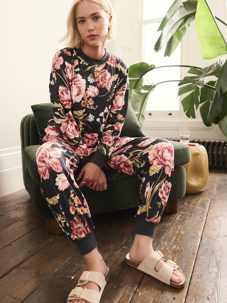 Black Floral Cosy Long Sleeve Pyjamas - Image 1 of 9 Black Floral Cosy Long Sleeve Pyjamas - Image 1 of 9