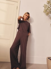 Chocolate Brown Jersey Satin Mix Short Sleeve Pyjamas - Image 1 of 6