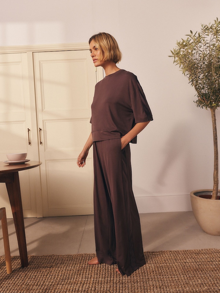 Chocolate Brown Jersey Satin Mix Short Sleeve Pyjamas - Image 2 of 6